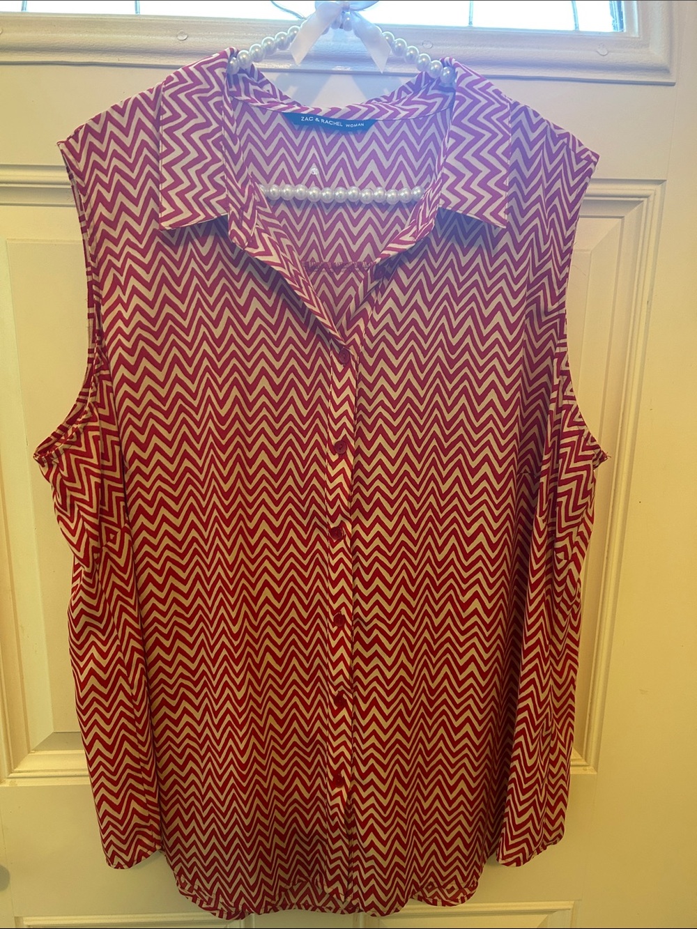 Zac & Rachel Sleeveless Chevron Button-Front Blouse in Red and Cream